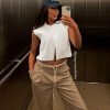 Womens Cropped Cap Sleeve Vest Tank Tops Summer Work Casual Crew Neck Button Down Waistcoats