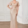 Women's Double V-Neck Flared Sleeves Memaid Sequin Floor Length Evening Dresses 01435