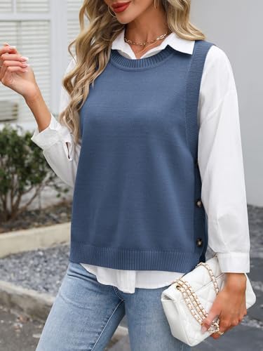 Womens Sweater Vest Summer Sleeveless Crewneck Ribbed Knit Side Button Loose Pullover Tank Tops 2025 Fall Outfits