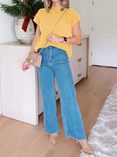Summer Short Sleeve Sweater for Women 2025 Crew Neck Ribbed Knit Vests Trendy Pullover Tops