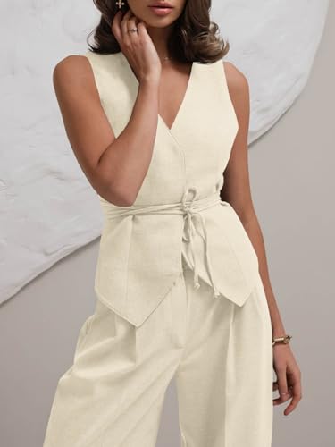 Women's 2 Piece Outfits Sleeveless Tie Waist Suit Vest and Wide Leg Pants Business Casual Blazer Sets