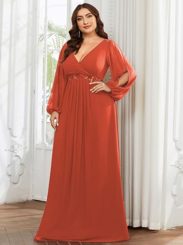 Women's Elegant Floor Length V Neck Lantern Sleeves Floral Applique Plus Size Formal Evening Dresses