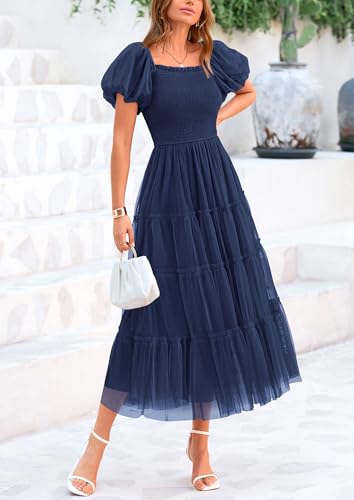 Women's Smocked Tulle Midi Dress 2025 Summer Square Neck Puffy Short Sleeve Ruffle Wedding Guest Party Dresses
