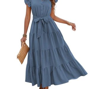 Women's Summer Casual Dresses 2025 Cap Ruffle Sleeve V Neck Button Belted Tiered Boho Maxi Dress with Pockets
