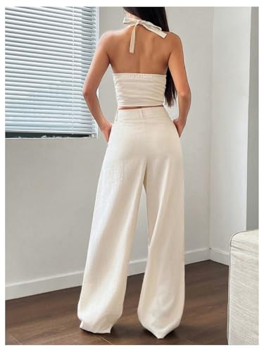 Women's 2 Piece Outfits Halter Button Down Vest Crop Tops and High Waisted Pants Set