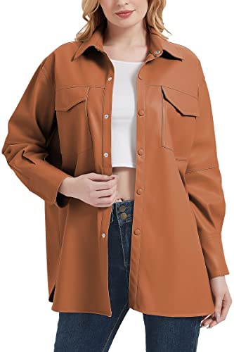 Women Faux Leather Shacket Jacket,Spring Fall Vegan Pleather Casual Lapel Button Down Long Sleeve Shirts