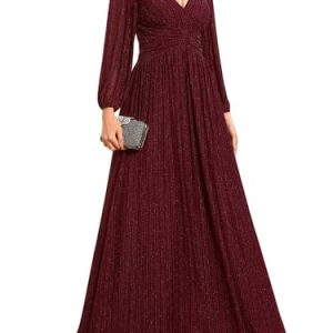Women's A-Line Long Lantern Sleeves Formal Gowns Empire Waist Long Glitter Evening Dress