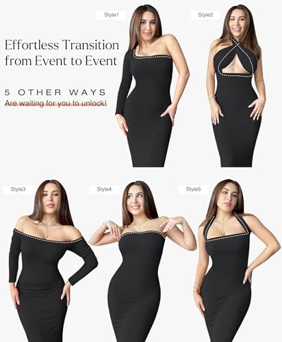 Long Sleeve Maxi Dress Bodycon Cocktail Dress Shapewear Tummy Control Fall Formal Dresses Built-in Bra