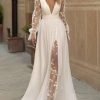 Long Sleeves Wedding Dresses for Bride Lace Chiffon A Line Long Beach Bridal Dress for Women