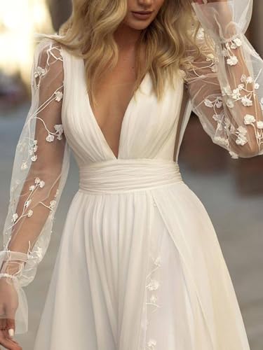 Long Sleeves Wedding Dresses for Bride Lace Chiffon A Line Long Beach Bridal Dress for Women