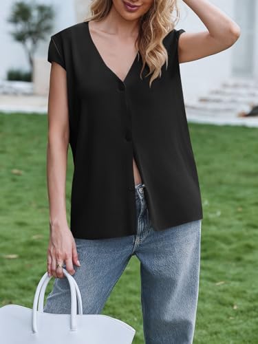 Womens Deep V Neck Sweater Vest Sleeveless Knit Button Up Loose Fit Cap Sleeve Trendy Summer Tops