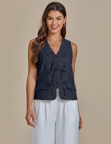 Linen Vest for Women Trendy Sleeveless Tie Front Tops Summer Casual Top Waistcoat Suit Vests with Pockets