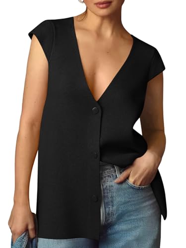 Womens Deep V Neck Sweater Vest Sleeveless Knit Button Up Loose Fit Cap Sleeve Trendy Summer Tops