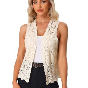 Women's Floral Crochet Hollow Out Sleeveless Open Front Boho Vest Cardigan