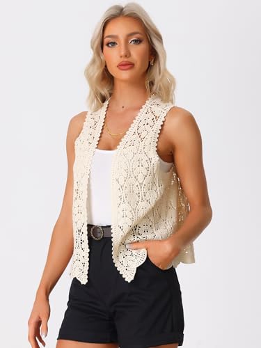 Women's Floral Crochet Hollow Out Sleeveless Open Front Boho Vest Cardigan