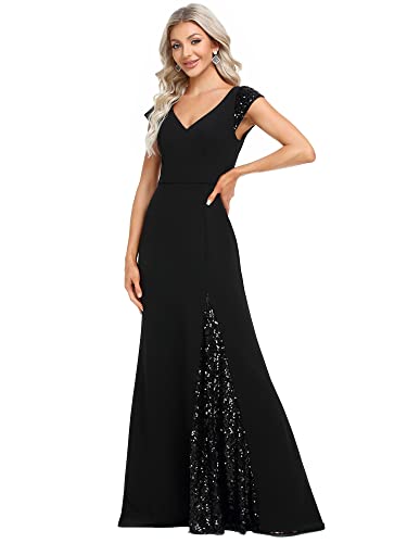 Women's V-Neck Cap Sleeves Sequin Mermaid Floor-Length Evening Dresses 01586