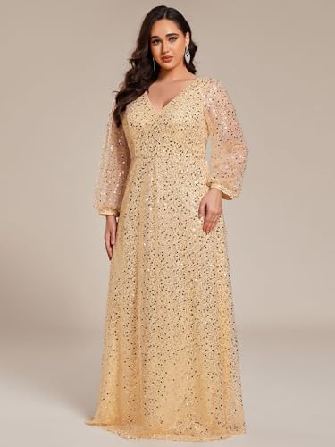 Women's Elegant A-Line V Neck Sheer Long Sleeves Plus Size Sequin Formal Dress Evening Gown