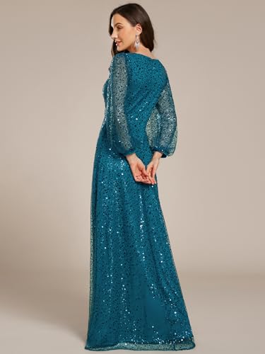Women's Sparkle Sequin A-Line V Neck Beaded Evening Gown Long Sheer Sleeves Formal Dresses 01999
