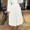 Women's Spring Midi Dress Long Puff Sleeve Wrap V Neck Flowy Ruffle Pleated Casual Fall Dresses