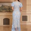 Women's 3D Floral Embroidery Dress Ruffle Sleeve Fishtail Lace Bodycon Party Cocktail Mini Dress