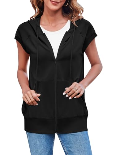 Women's Sleeveless Zip Up Hoodies Casual Loose Fit Drawstring Sweatshirts Lightweight Jackets Vest with Pockets