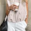 Women's Casual Zip Up Vest Cargo Ruched Hem Lightweight Sleeveless Blazer Oversized Jackets Top with Pockets