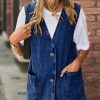 Women's Casual Denim Jean Vest Oversized Sleeveless Mid Long Button Down Jeans Jackets Vests Tops Waistcoat ﻿