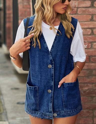 Women's Casual Denim Jean Vest Oversized Sleeveless Mid Long Button Down Jeans Jackets Vests Tops Waistcoat ﻿