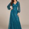 Women's Sparkle Sequin A-Line V Neck Beaded Evening Gown Long Sheer Sleeves Formal Dresses 01999