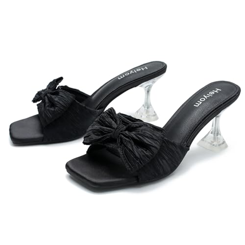 Women's Bowknot Heeled Sandals Square Toe Pleated Bow Heels Slippers Stilettos Mules Slip on Wedding Party Dress Shoe