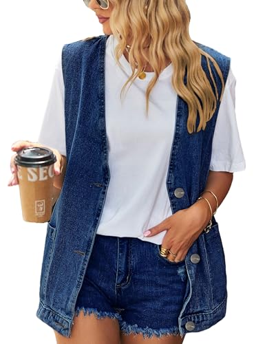 Women's Casual Denim Jean Vest Oversized Sleeveless Mid Long Button Down Jeans Jackets Vests Tops Waistcoat ﻿