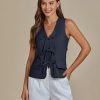 Linen Vest for Women Trendy Sleeveless Tie Front Tops Summer Casual Top Waistcoat Suit Vests with Pockets