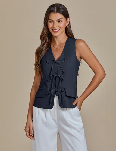 Linen Vest for Women Trendy Sleeveless Tie Front Tops Summer Casual Top Waistcoat Suit Vests with Pockets