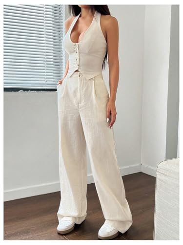 Women's 2 Piece Outfits Halter Button Down Vest Crop Tops and High Waisted Pants Set