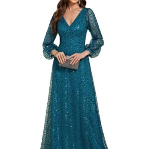 Women's Sparkle Sequin A-Line V Neck Beaded Evening Gown Long Sheer Sleeves Formal Dresses 01999