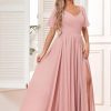 Women's Chiffon Flutter Sleeve Bridesmaid Dress Long with Slit V-Neck Pleated Formal Evening Party Gowns
