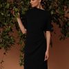 Women's Side Pleat Dress with Asymmetric Neck and Elbow Sleeves