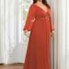 Women's Elegant Floor Length V Neck Lantern Sleeves Floral Applique Plus Size Formal Evening Dresses