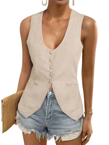 Womens Scoop Neck Blazer Vest Summer Linen Sleeveless Fitted Waistcoat Work Casual Cotton Suit Tops