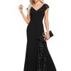 Women's V-Neck Cap Sleeves Sequin Mermaid Floor-Length Evening Dresses 01586