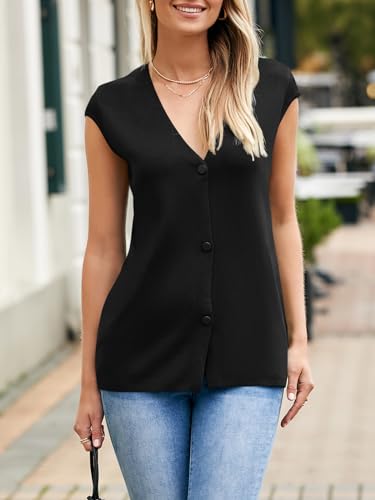 Womens Deep V Neck Sweater Vest Sleeveless Knit Button Up Loose Fit Cap Sleeve Trendy Summer Tops