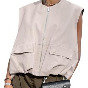 Women's Casual Zip Up Vest Cargo Ruched Hem Lightweight Sleeveless Blazer Oversized Jackets Top with Pockets