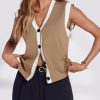 Womens V Neck Sweater Vest Button Down Cap Sleeve Summer Trendy Color Block Loose Knit Tank Tops