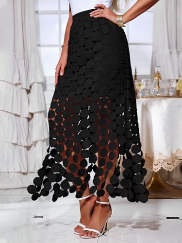 Womens Hollow Out Maxi Skirts Summer High Waisted Boho Fringe Hem Long Skirt
