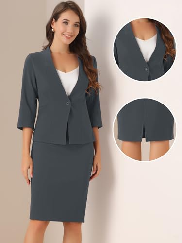 Business Skirt Suit Set for Women's 2 Piece Office Work Outfit Collarless Blazer Pencil Skirt