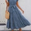 Women's Summer Casual Dresses 2025 Cap Ruffle Sleeve V Neck Button Belted Tiered Boho Maxi Dress with Pockets