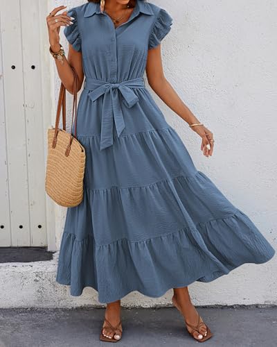 Women's Summer Casual Dresses 2025 Cap Ruffle Sleeve V Neck Button Belted Tiered Boho Maxi Dress with Pockets