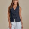 Linen Vest for Women Trendy Sleeveless Tie Front Tops Summer Casual Top Waistcoat Suit Vests with Pockets