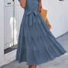 Women's Summer Casual Dresses 2025 Cap Ruffle Sleeve V Neck Button Belted Tiered Boho Maxi Dress with Pockets