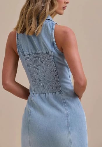 Women's Casual Button Down Maxi Denim Dresses Sexy Bodycon Sleeveless V Neck A-Line Long Jean Skirt Dress